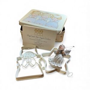 VINTAGE HALLMARK 3 PRAYING ANGELS TIN, ANGEL & STAR COOKIE CUTTERS W/ RECIPE